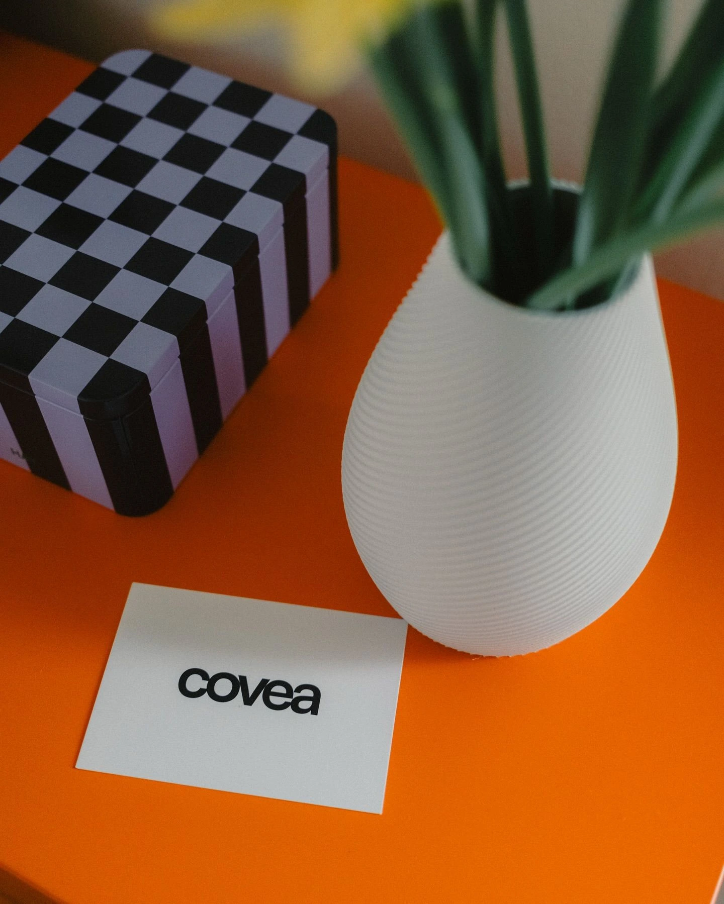 White ribbed vase, checkerboard box and COVEA card on an orange surface